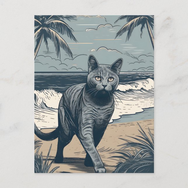 Chartreux-Cat an einem tropischen Strand bei Sonne Postkarte (Vorderseite)
