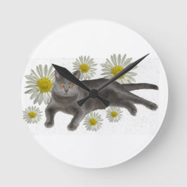 Chartreux Cat mit Daisies Runde Wanduhr