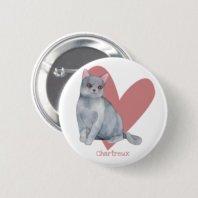 Chartreux Cat Watercolor Kitty Pink Herztasten Button (Vorne & Hinten)