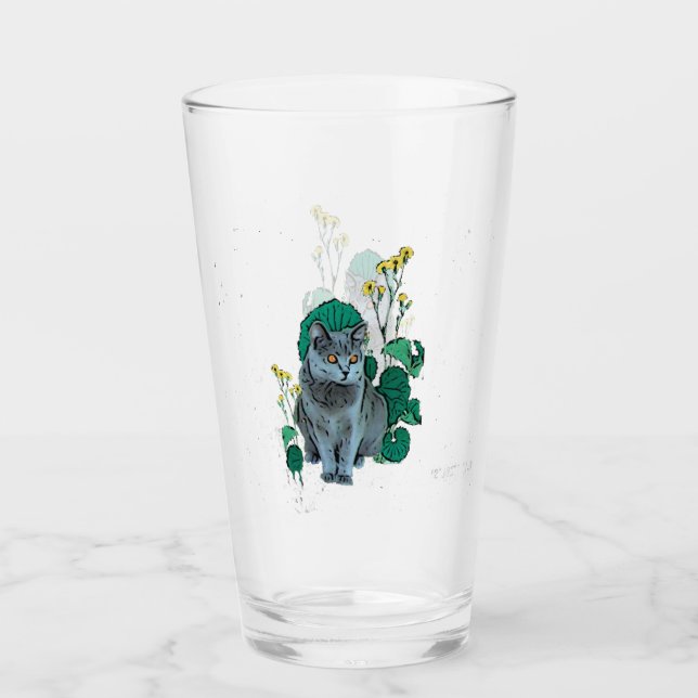 Chartreux Katze mit gelber Blume Glas (Vorderseite)