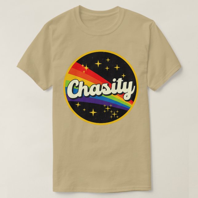 Chasity Rainbow in Space Vintag Style T-Shirt (Design vorne)