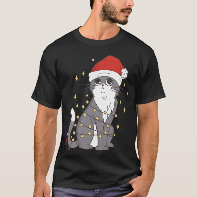 Chat Christmas Hat Christmas Lights Cat Christmas  T-Shirt (Vorderseite)