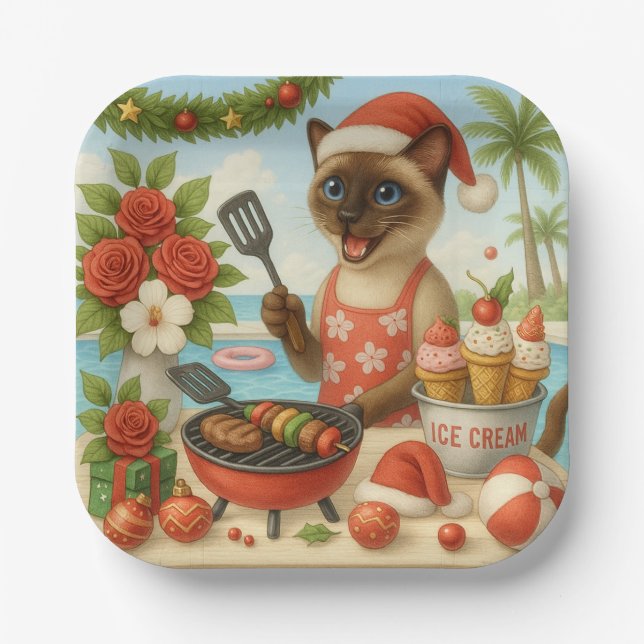 Chat Christmas Summer July Pool Party Pappteller (Vorderseite)