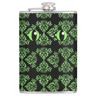 Chat Eyes Green Damask Vinyl Wrapped Flask Flachmann