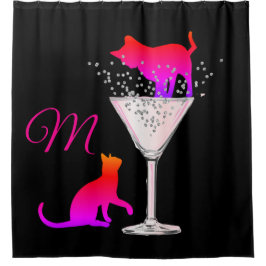 Chat Lovers Pink Black Modern Monogram Duschvorhang