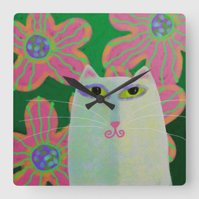 Chat mit Blume Abstrakt Art Square Uhr (Vorderseite)