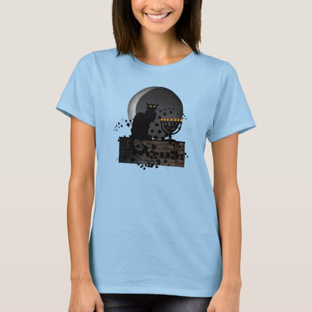 Chat Noir Chanukah mit Menorah T-Shirt (Vorderseite)