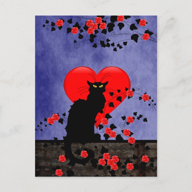 Chat Noir mit Rote Rosen Postkarte (Vorderseite)
