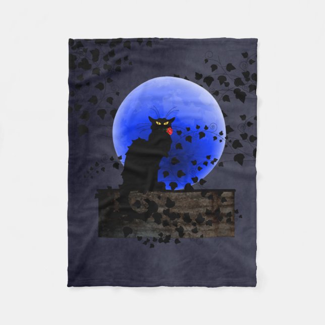 Chat Noir mit Single Rote Rose Fleecedecke (Vorderseite)