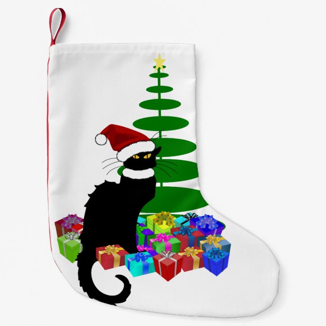 Chat Noir mit Weihnachtsbaum und Geschenken Kleiner Weihnachtsstrumpf (Vorderseite)