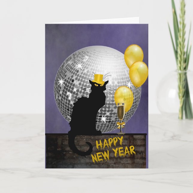 Chat Noir Silvester Feiertagskarte (Vorderseite)