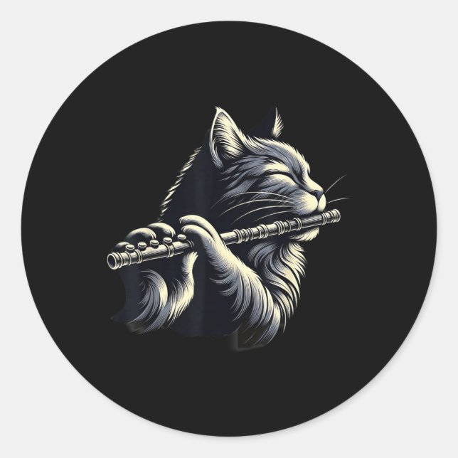 Chat Playing Flute Musician Cats Lover Runder Aufkleber (Vorderseite)