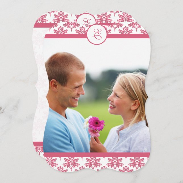 Chateau Pink Damask Foto Einladung Hochzeit (Vorne/Hinten)