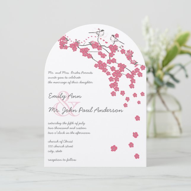 Chateau Rose Cherry Blossom Pink Chickadee Wedding Einladung (Stehend Vorderseite)