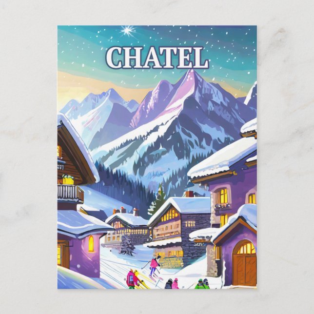 Châtel: Charme Authentique in den schneebedeckten  Postkarte (Vorderseite)