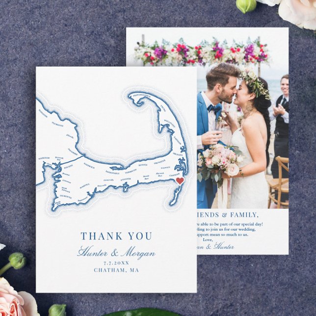 Chatham Bars Inn Cape Cod Wedding Foto Dankeskarte (Chatham Bars Inn Thank You Card with wedding photo in elegant navy blue from Coastal Map Designs)