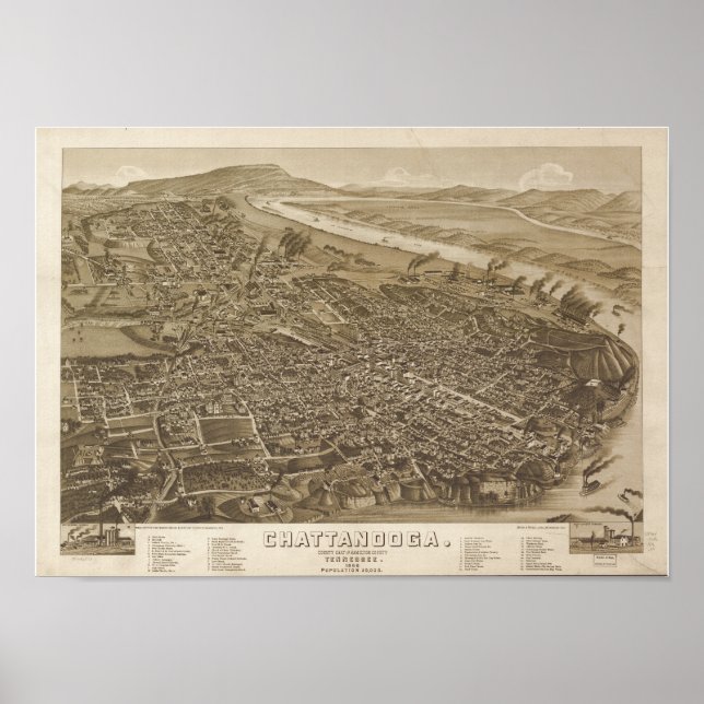Chattanooga Tennessee 1886 Antik Panoramablick Kar Poster (Vorne)
