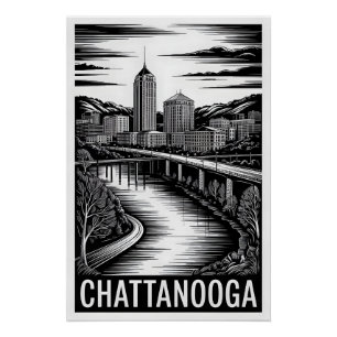 Chattanooga Tennessee Skyline Schwarz Weiß Holzsch Poster