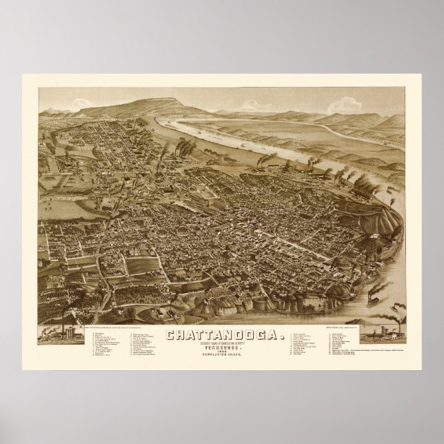Chattanooga, TN Panorama Karte - 1886 Poster (Vorne)