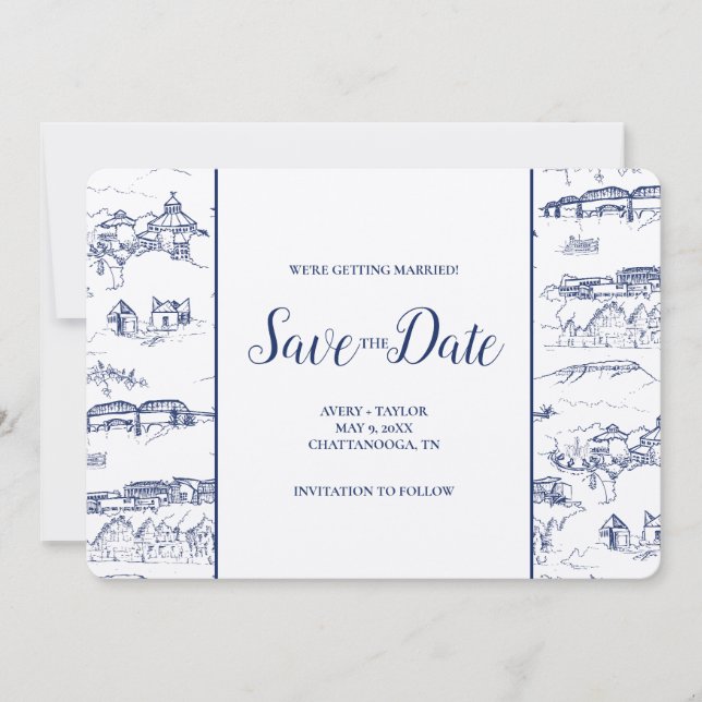 Chattanooga Toile Navy und White Save the Date (Vorderseite)