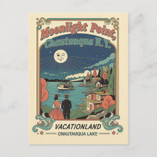 Chautauqua Lake, NY Moonlight Point Retro 1950er J Postkarte