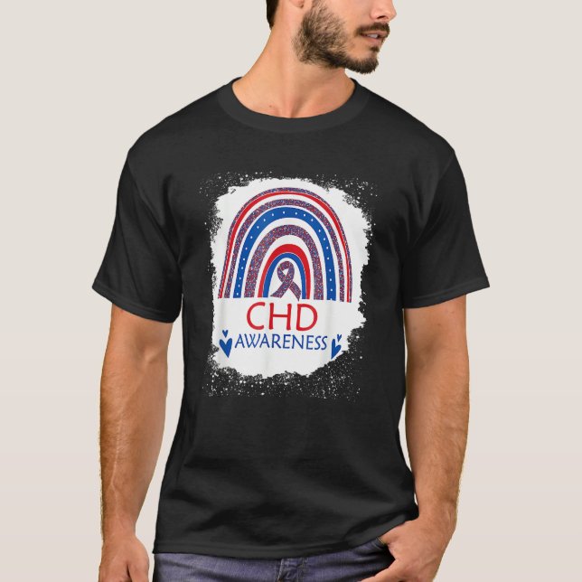 CHD Awareness Bleached Rainbow Blue And Red Ribbon T-Shirt (Vorderseite)
