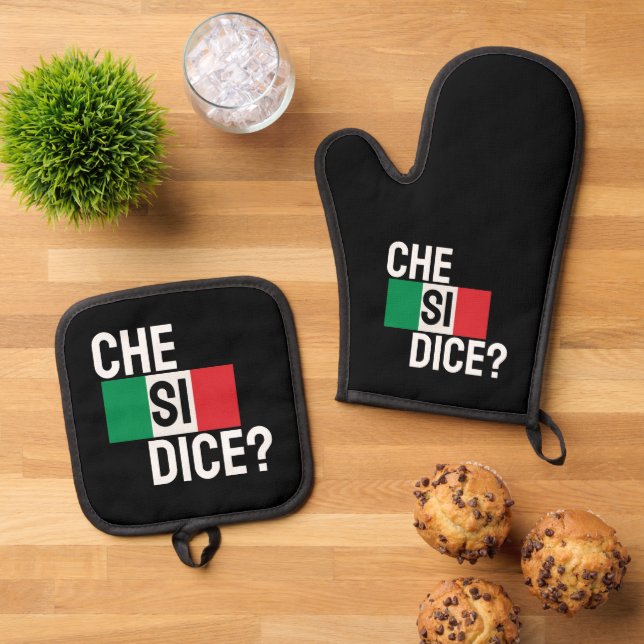 Che Si Dice? - "Was ist los?" Italienisches Sprich Ofenhandschuh & Topflappen-Set (Oben Unten)