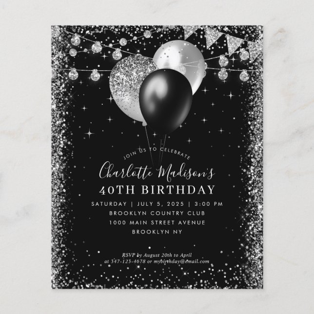 Cheap Black Silver Glitzer Beleuchtung Geburtstag Flyer (Vorne)