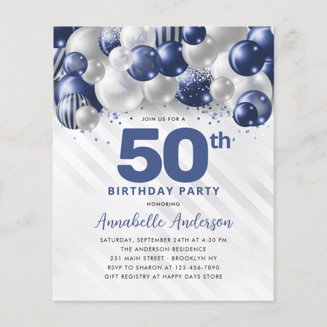 Cheap Blue Silver Balloon Glitzer 50. Geburtstag Flyer (Vorne)