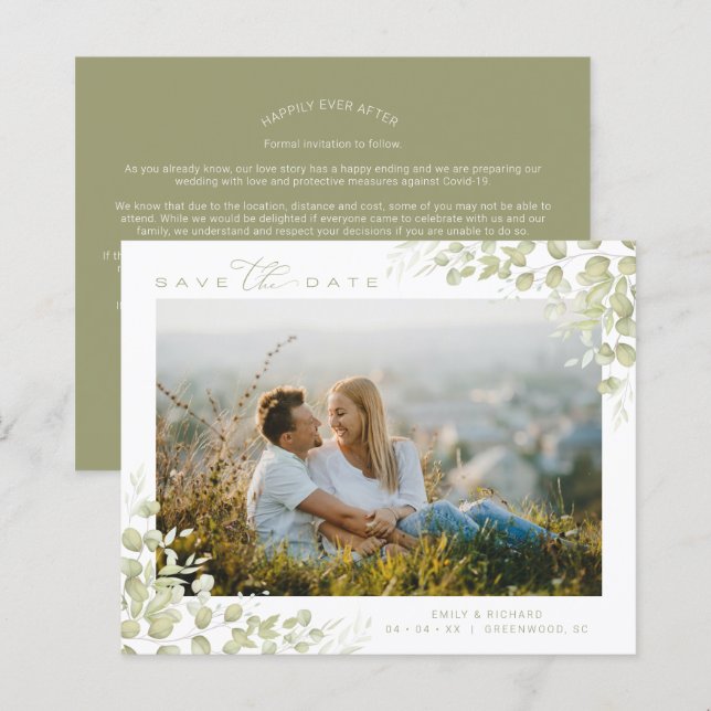 Cheap Chic Modern Green Branches Foto Hochzeit (Vorne/Hinten)