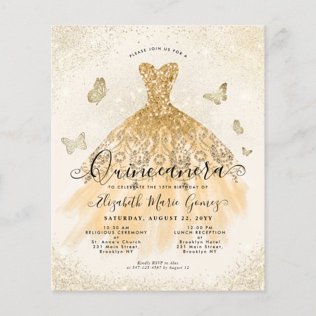 Cheap Classic Light Gold Gown Quinceanera Invite Flyer (Vorne)