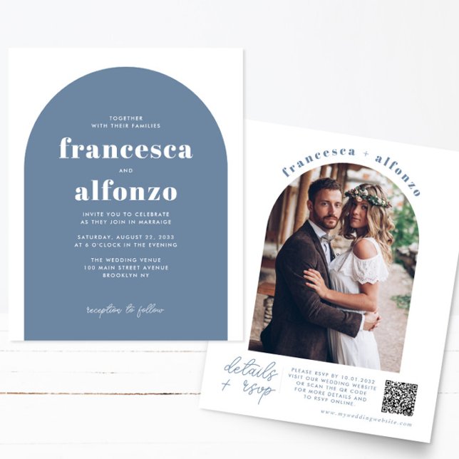 Cheap Dusty Blue UAWG QR Code Retro Foto Hochzeit Flyer (Von Creator hochgeladen)