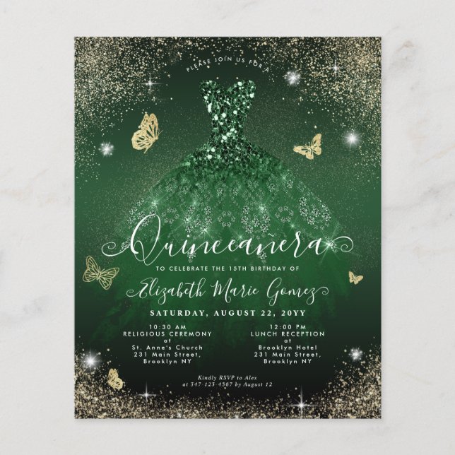 Cheap Emerald Green Gold Gown Quinceanera Card Flyer (Vorne)