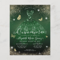 Cheap Emerald Green Gold Gown Quinceanera Card