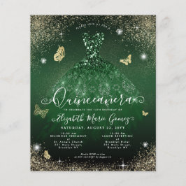 Cheap Emerald Green Gold Gown Quinceanera Card Flyer
