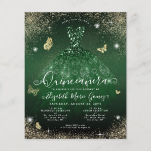 Cheap Emerald Green Gold Gown Quinceanera Card Flyer