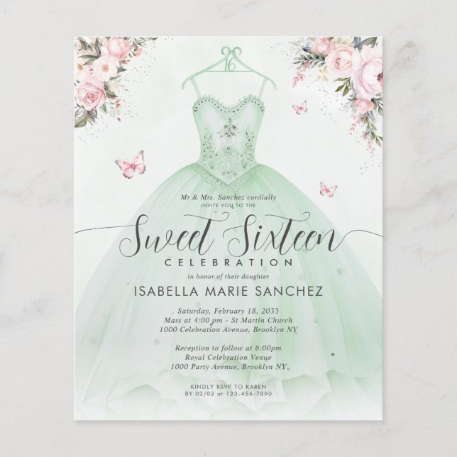 Cheap Emerald Green Pink Floral Gown 16 . Geburtst Flyer (Vorne)