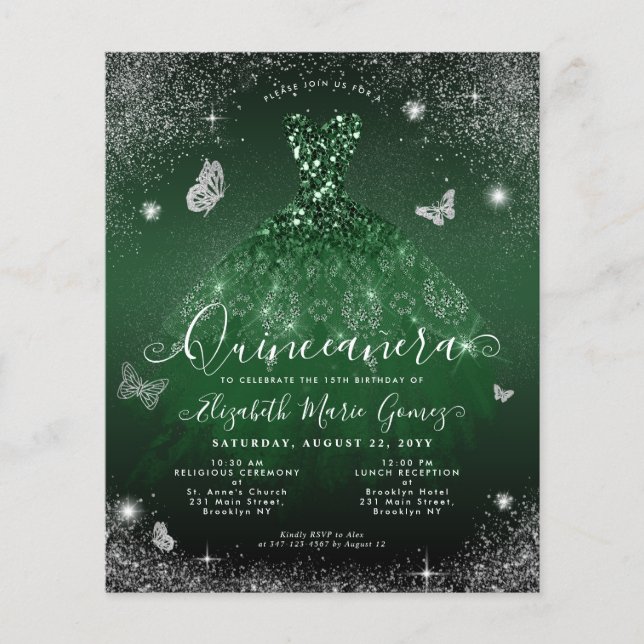 Cheap Emerald Green Silver Gown Quinceanera Card Flyer (Vorne)