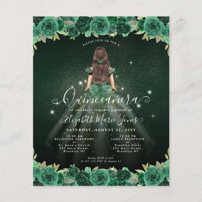 Cheap Floral Green Princess Birthday Quinceanera Flyer (Vorne)