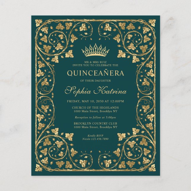 Cheap Glam Emerald Green Gold Tiara Quinceanera Flyer (Vorne)