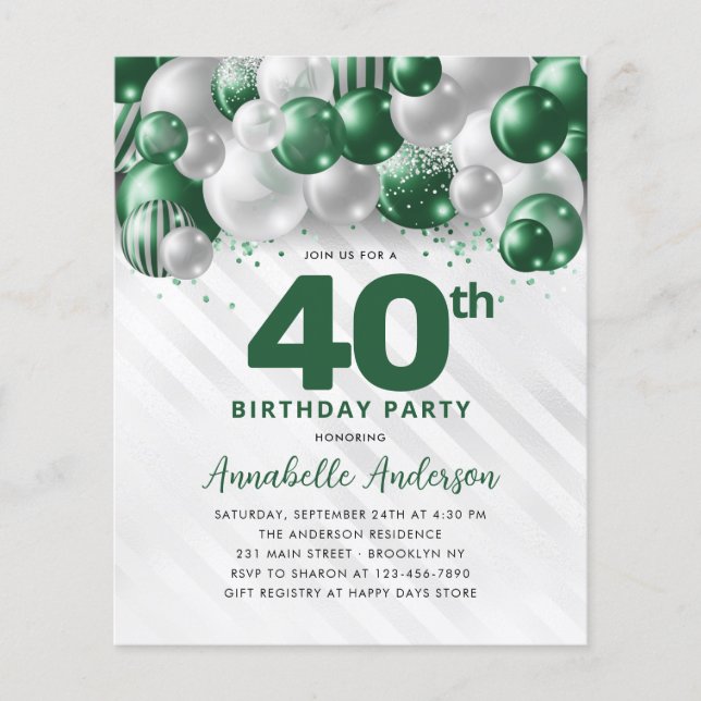 Cheap Green Silver Balloon Glitzer 40. Geburtstag Flyer (Vorne)