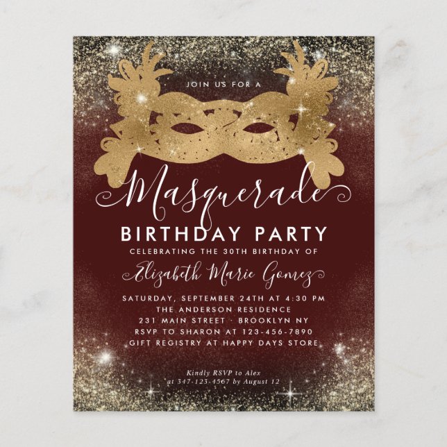 Cheap Masquerade Burgundy Gold Glitzer Geburtstag Flyer (Vorne)