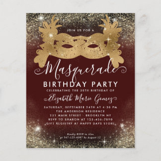 Cheap Masquerade Burgundy Gold Glitzer Geburtstag Flyer