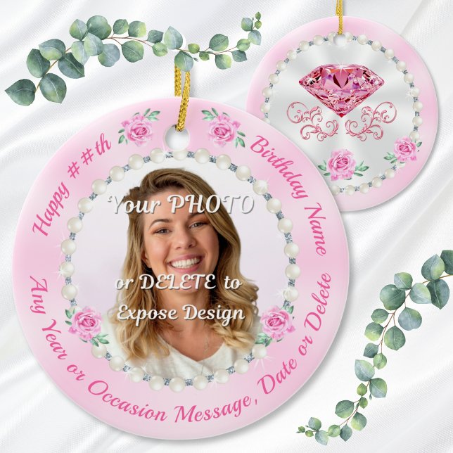 Cheap, Personalized Photo Birthday Ornaments, Pink Keramik Ornament (Birthday gift for female coworker, female friend, wife, mom and her. 60th or 30th birthday ornaments)