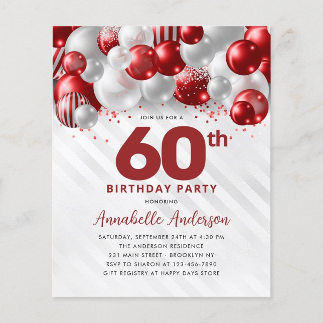 Cheap Red Silver Balloon Glitzer 60. Geburtstag Flyer (Vorne)