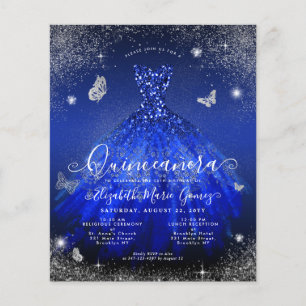 Cheap Royal Blue Silver Gown Quinceanera Einladung Flyer