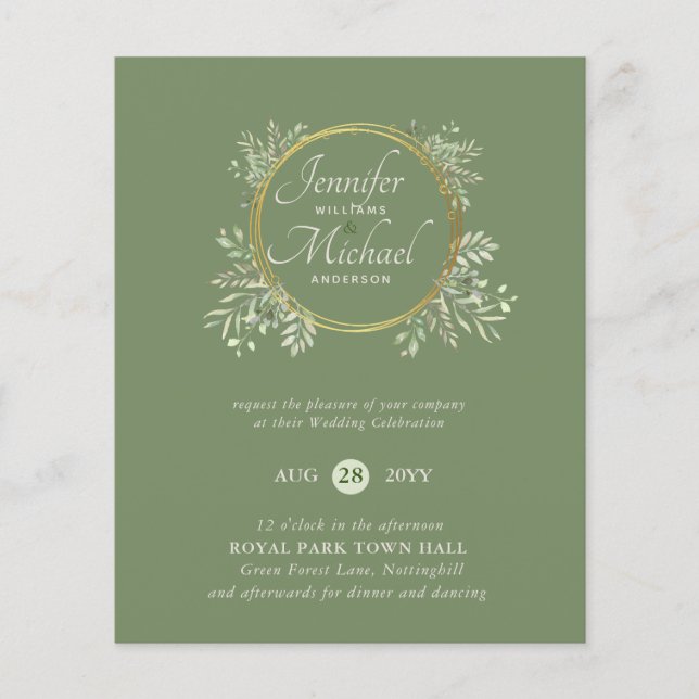 CHEAPEST Wedding Invitation Green Wreath BUDGET (Vorderseite)