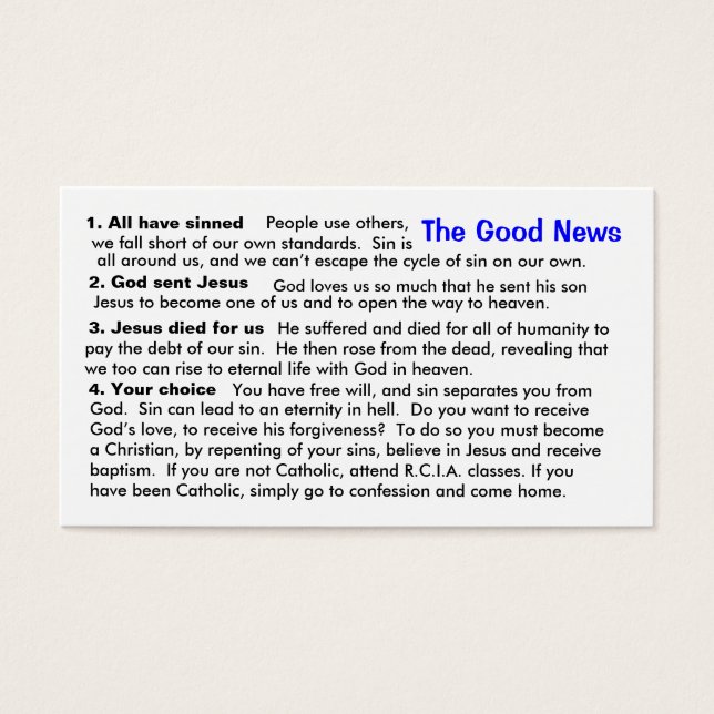 "Cheat Sheet"-Karte zur katholischen Evangelisieru (Vorderseite)