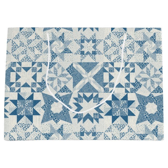 Cheater Traditionelle Patchwork Stars Quilt Blue Große Geschenktüte (Vorderseite)