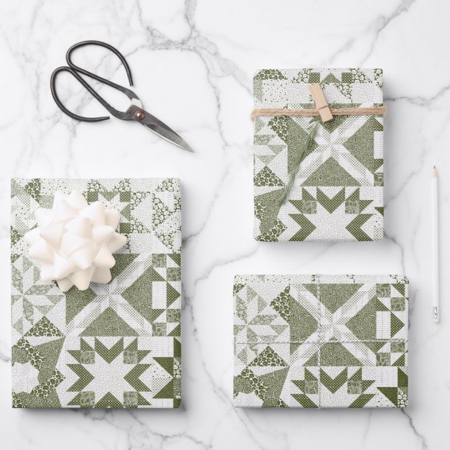 Cheater Traditionelle Patchwork Stars Quilt Green Geschenkpapier Set (Vorderseite)
